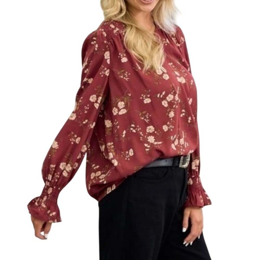 Lucky Brand Burgandy Floral Long Sleeve Peasant Top S/P